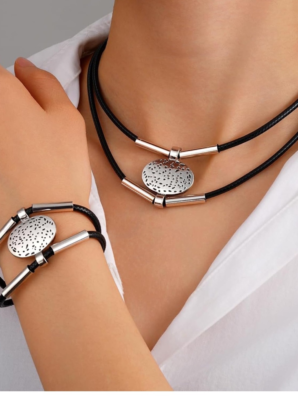 Anthropologie Black Cord Double-Layer Necklace with Silver Discs - Picture 6 of 7